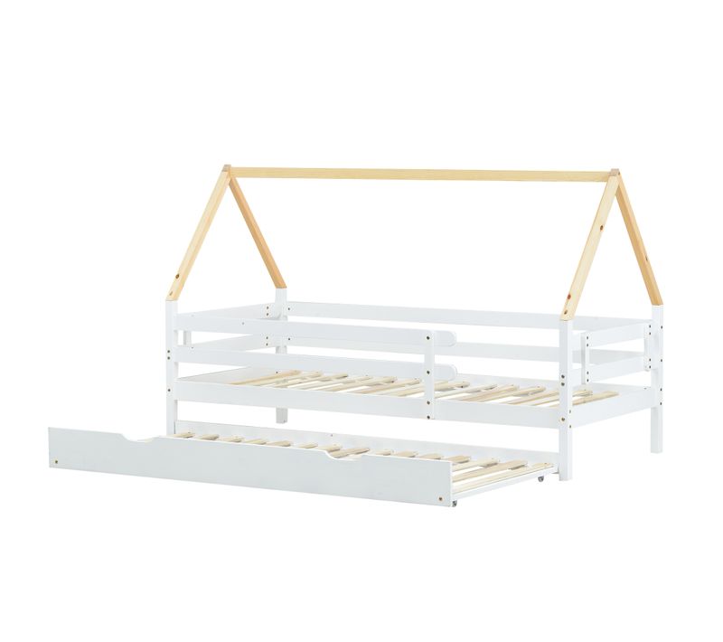 Lit Cabane Enfant 90x200 Cm Avec Lit Gigogne, Cadre De Lit En Pin, Barrière, Sommiers, Blanc