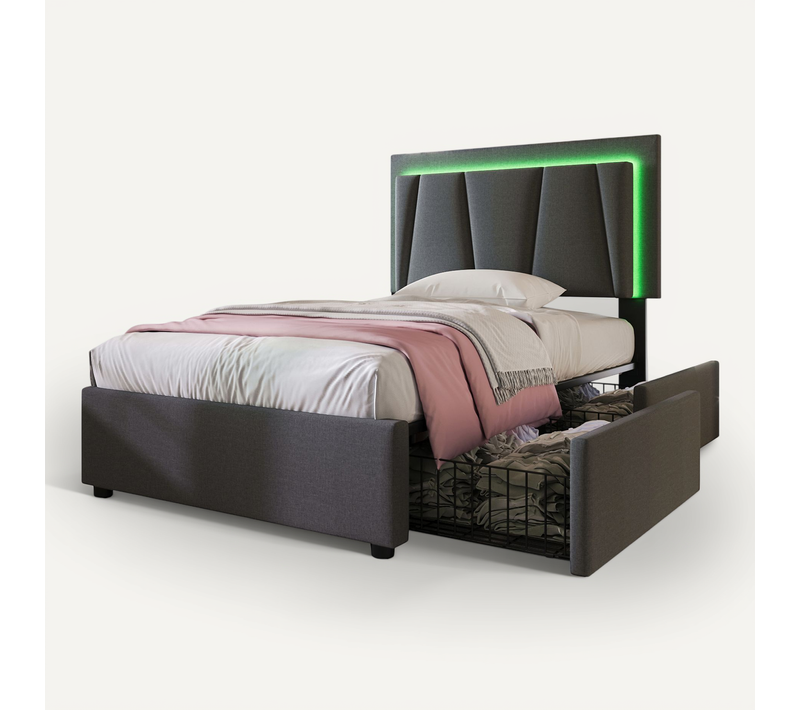 Lit Enfant 90x200 Cm, Lit Simple Avec LED, 2 Tiroirs, Tête De Lit Réglable, Sommier, Lin Gris