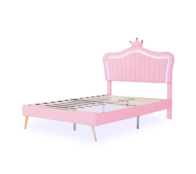 Lit Enfant 140x200 Cm, LED, Tête De Lit Réglable, Forme De Couronne, Sommier, Simili Cuir Rose