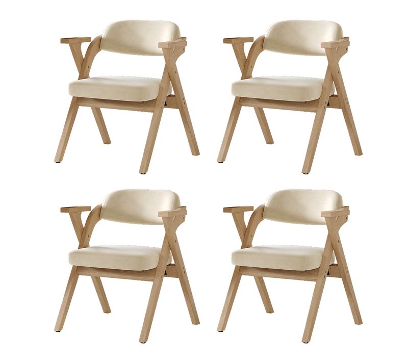 Lot De 4 Chaises 66,5x64,5x73 Cm, Cadre En Bois, Pliable, Coussin En Velours, Couleur Bois+beige