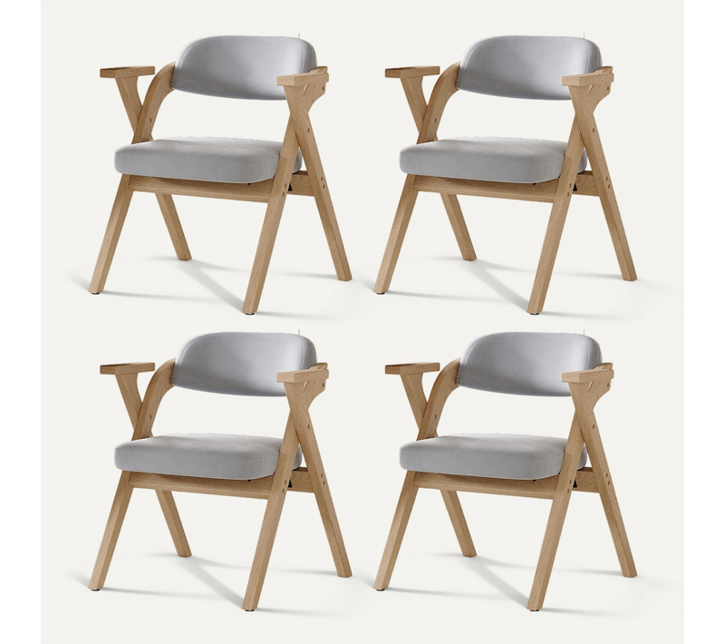 Lot De 4 Chaises 66,5x64,5x73 Cm, Cadre En Bois, Pliable, Coussin En Velours, Couleur Bois+gris