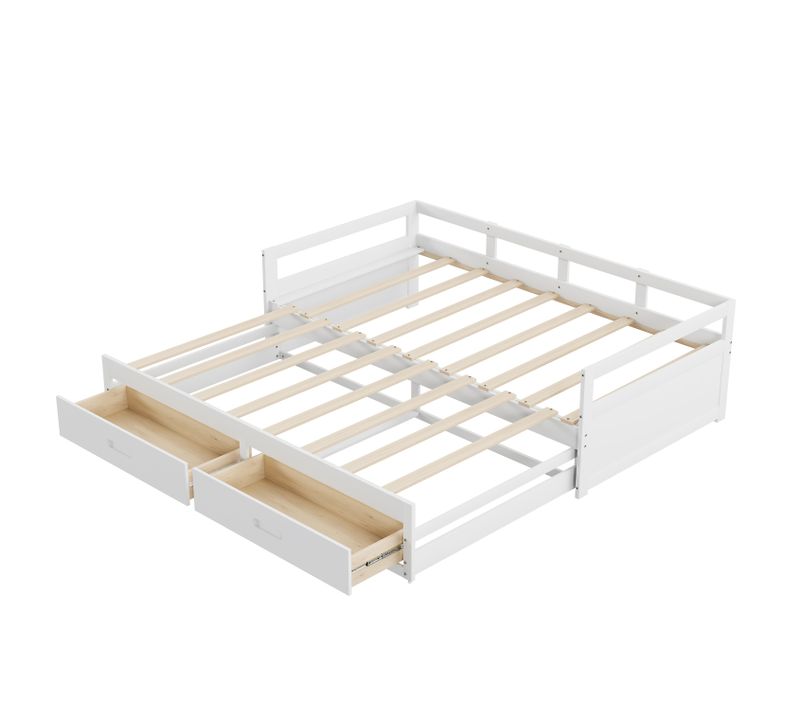 Lit Gigogne 90/180*200cm, Lit Extensible 2 En 1, 2 Tiroirs Spacieux Sur Roulette, Bois, Mdf, Blanc