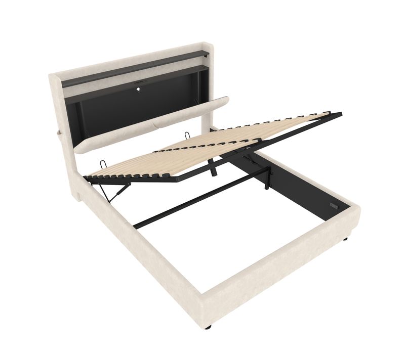 Lit Coffre 140x200CM, Lit Double, 2 poches, étagère ouverte, Ports USB+Type-C, LED, Velours, Beige