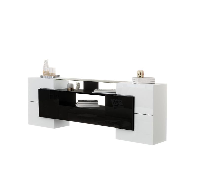 Meuble TV 200*35*60cm, Meuble De Salon, LED, Portes, Tiroirs, Étagères, Pb, Blanc, Noir