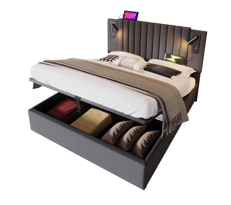 Lit Double 180x200 Cm - Coffre Capitonné Avec Sommier, USB/type-c Et Lampe - Coton - Gris
