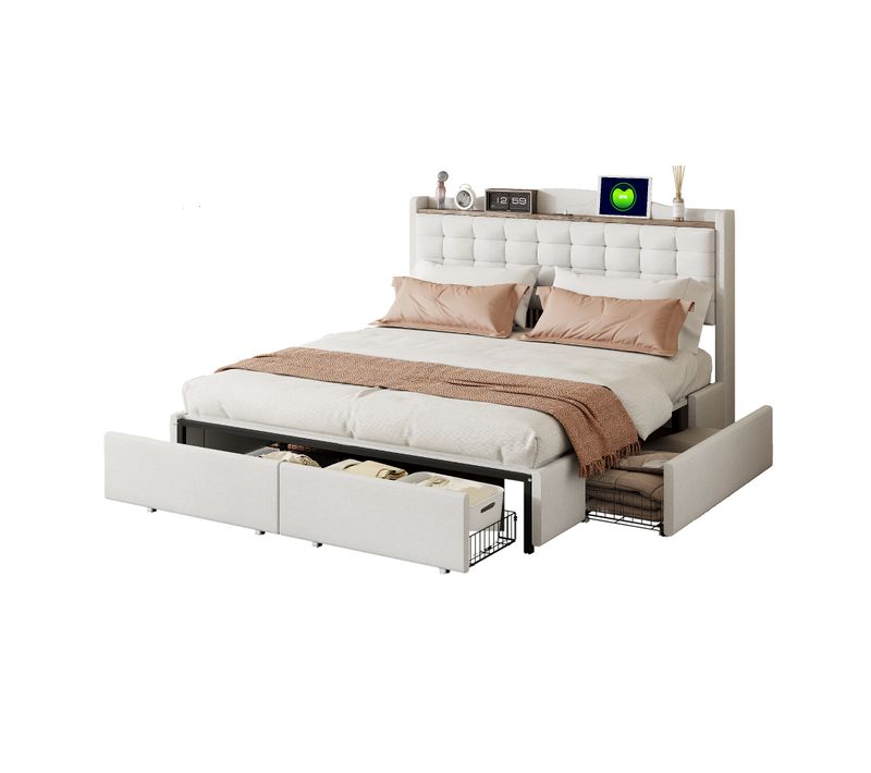 Lit Avec Rangement 160x200 Cm - Double Avec Rangement Intégré, USB Et 4 Tiroirs - Lin - Blanc