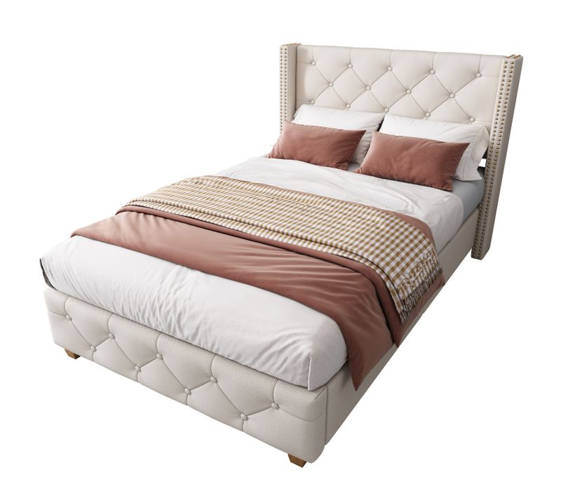 Lit Simple 90x200 Cm - Lit Avec Sommier à Lattes Et Tête De Lit à Boutons - Lin - Beige