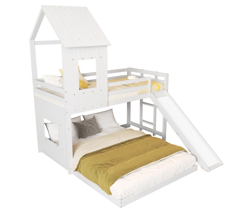 Lit Superposé 90/140x200 Cm - Lit Enfant Avec Toboggan, Toit Et Échelle - Pin + Mdf - Blanc