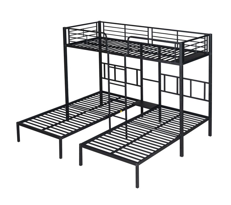Lit Superposé 90x200 Cm - Lit Enfant Triple Avec Barrière De Protection - Métal - Noir