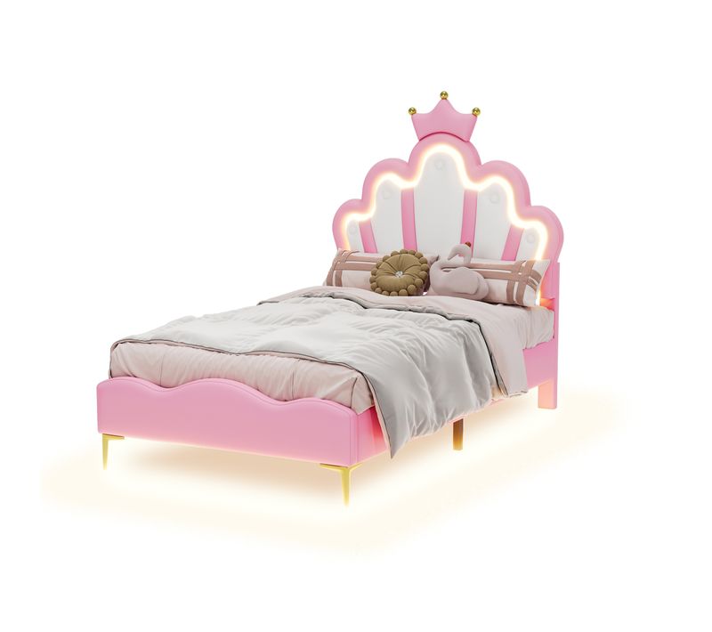 Lit Simple Pour Enfant 90x200 Cm - Lit Avec Bande LED Et Cuir Pu - Mdf + Métal - Rose