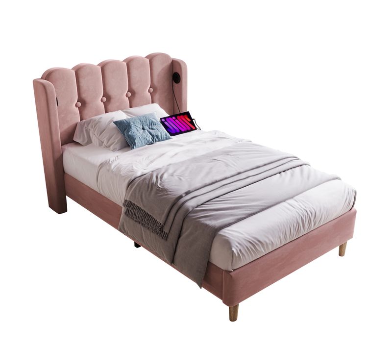Lit Simple 90 X 200 Cm - Lit Adult Avec Port USB Type-c - Velours, Mdf, Métal - Rose