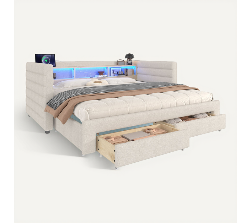 Lit Gigogne 90x190cm, Lit 2 En 1, LED, Ports, 2 Tiroirs, 3 Niches, 1 Étagère, Mdf, Velours, Beige