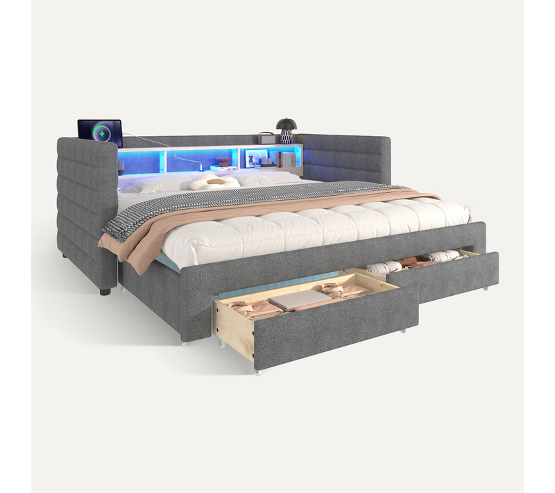 Lit Gigogne 90x190cm, Lit 2 En 1, LED, Portsusb/type-c, Tiroirs, Niches, Étagère, Mdf, Velours, Gris