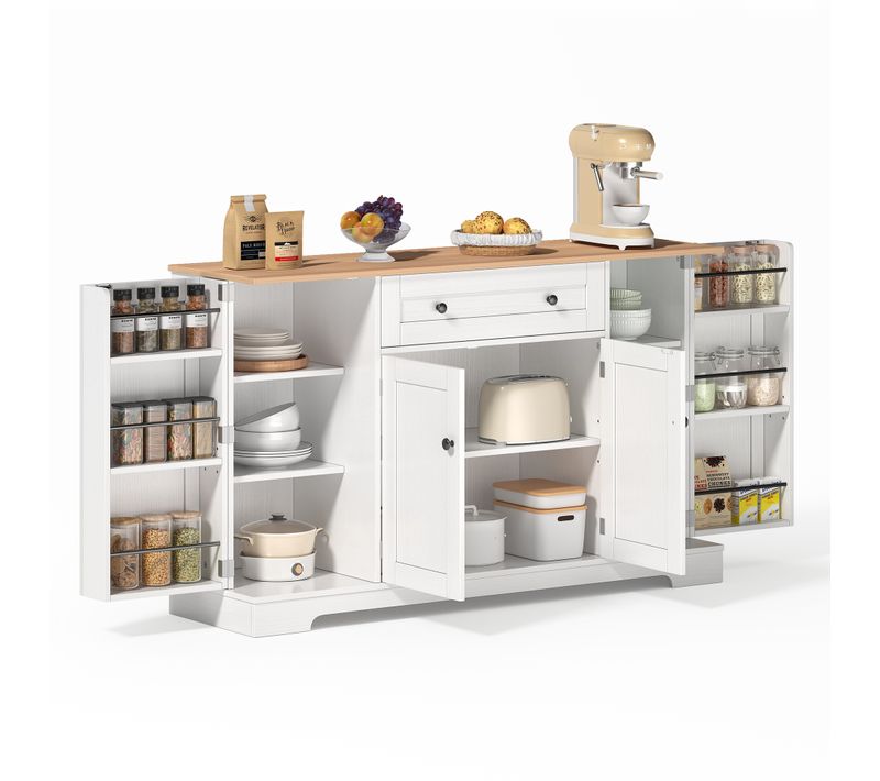 Buffet De Cuisine 138*40*85cm, Îlot Central, 4 Portes, 1 Tiroir, Étagères, Mdf,  Blanc Et Bois