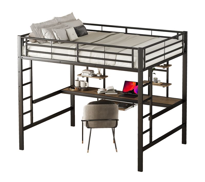 Lit Mezzanine 140x200 Cm Avec Bureau Et Étagères, Structure En Métal, Noir