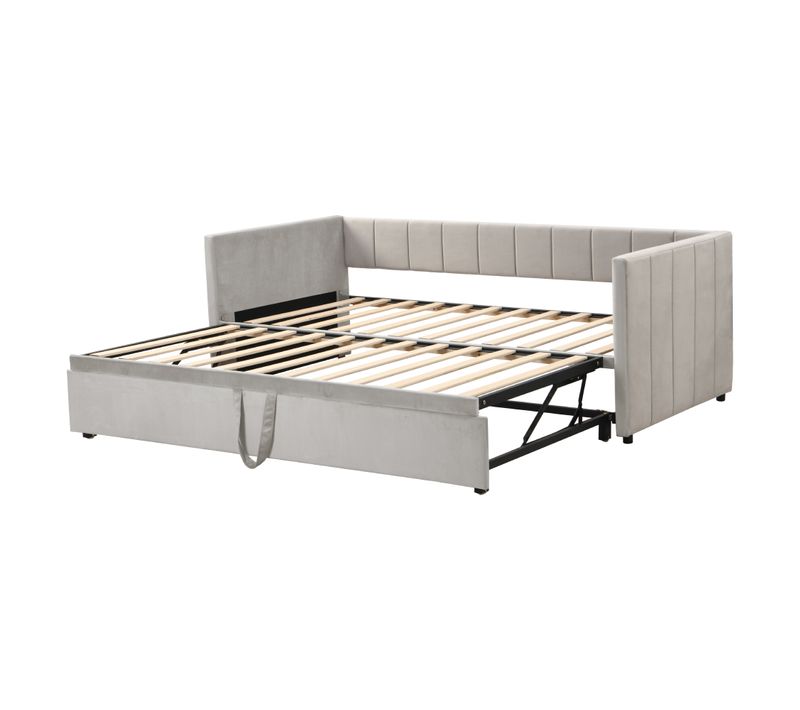 Lit Gigogne Lit Enfant 90/180x200 Cm Avec Sommiers, Multifonction, Velours Gris