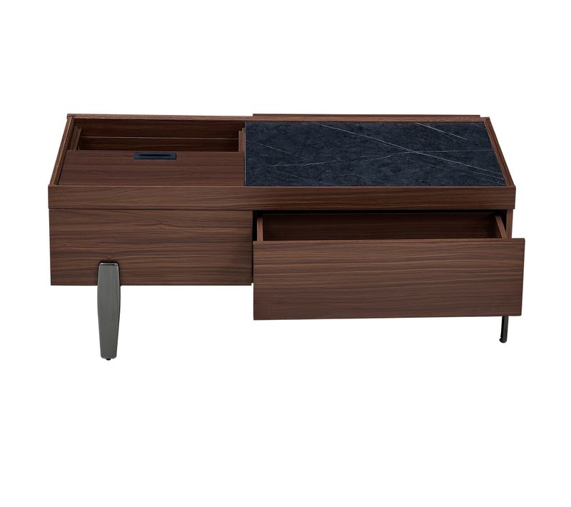 Table Basse Moderne Avec Tiroirs Et Plateau En Foncé Effet Marbre Verre, Pied En Métal, Bois Brun