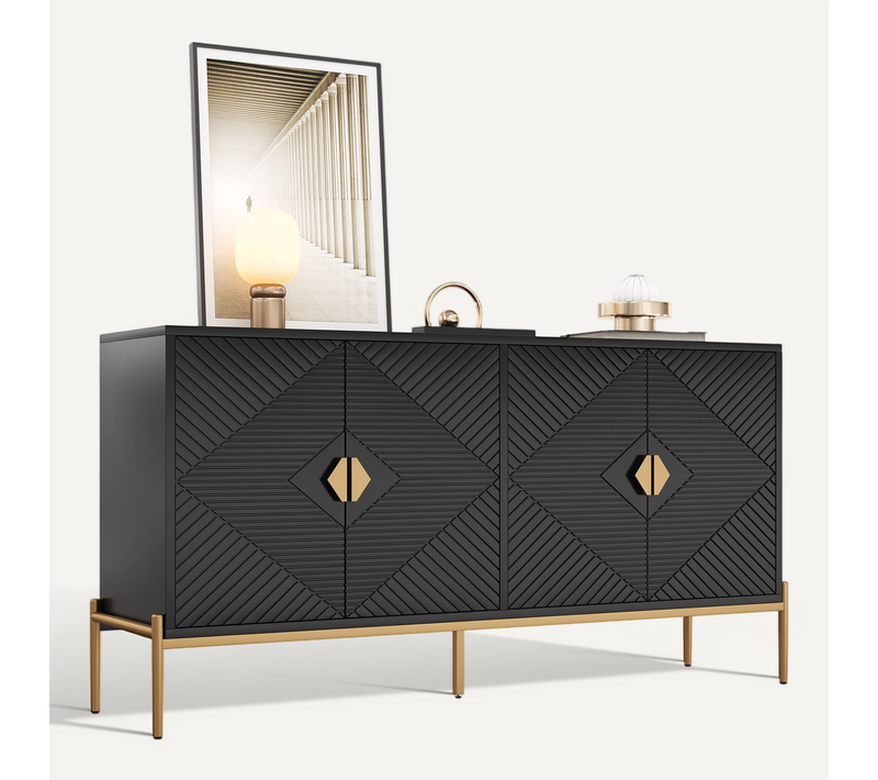 Buffet Moderne 162x40x80 Cm Avec 4 Portes, Poignées Dorées Et Pieds En Métal, Mdf Noir