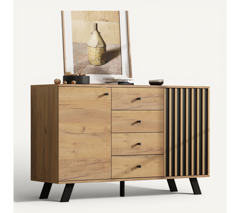 Buffet 120x38x75 Cm, Meuble Salon Avec 4 Tiroirs Et 2 Portes, Mdf Couleur Naturel Et Noir