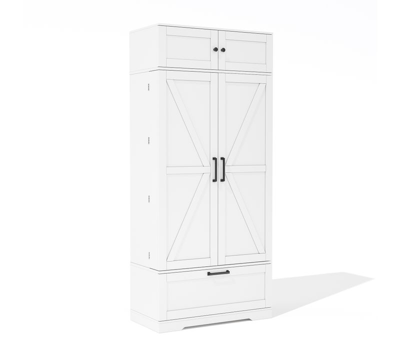 Buffet De Cuisine Avec Étagères Réglables, Tiroir, Casier à Bouteilles Et Portes à Étagères, Blanc