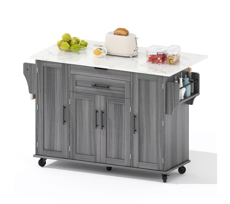 Îlot De Cuisine 136x70x92 Cm Avec Étagères Réglables, 2 Tiroirs, Étagère à Épices, Mdf Gris