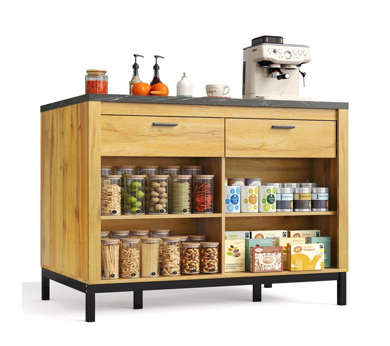 Buffet De Cuisine Moderne 120x75x90cm, Îlot De Cuisine, 2 Tiroirs, Motif Chêne, Mdf Naturel