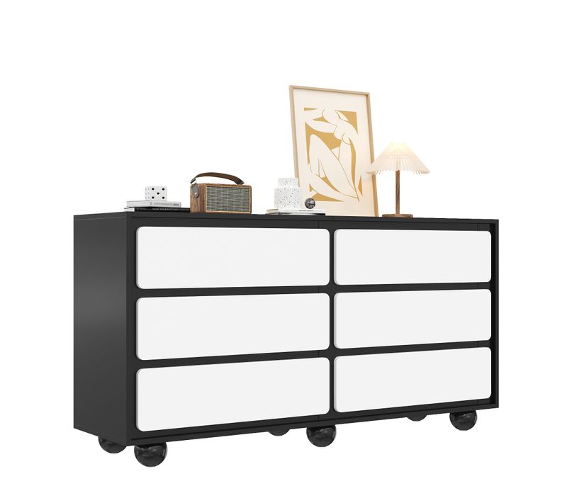 Commode Élégante 140×38×74,5 Cm, 6 Tiroirs, Design Moderne, Panneaux De Particules, Noir Et Blanc