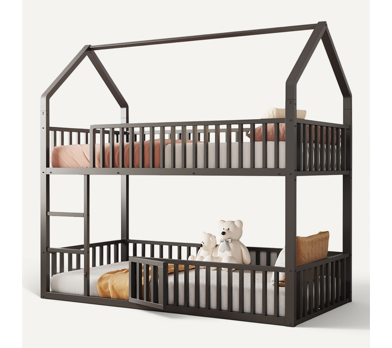 Lit Superposé 90x200cm Avec Escalier, 1 Sommier, Lit Cabane De Style Simple, En Métal Noir