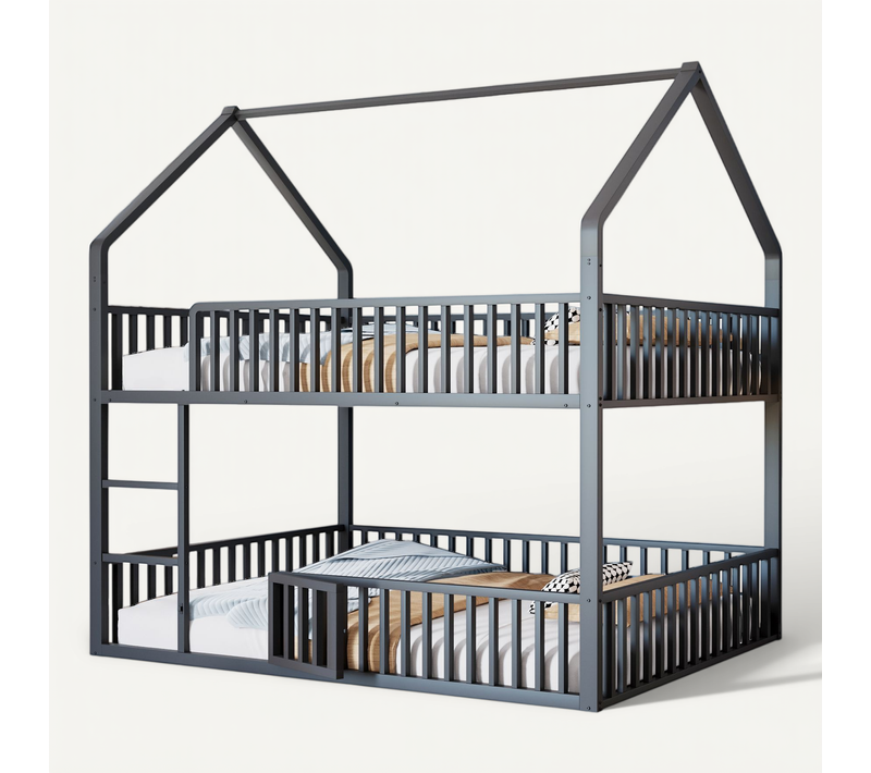 Lit Superposé 140x200cm Avec Escalier, 1 Sommier, Lit Cabane De Style Simple, En Métal Noir