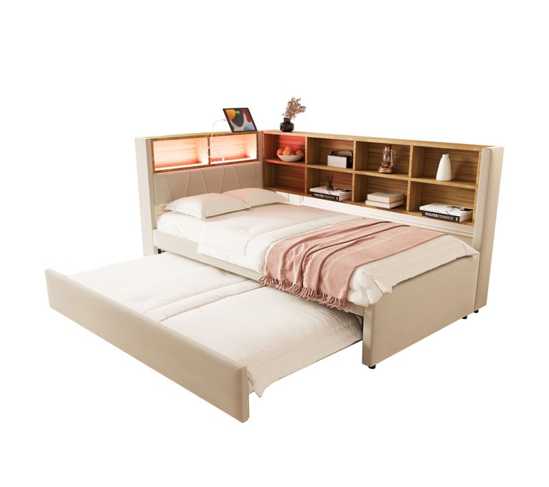 Lit Gigogne Moderne 90x190, Canapé-lit 90x200, LED, Prises Et Rangement, Flanelle Beige