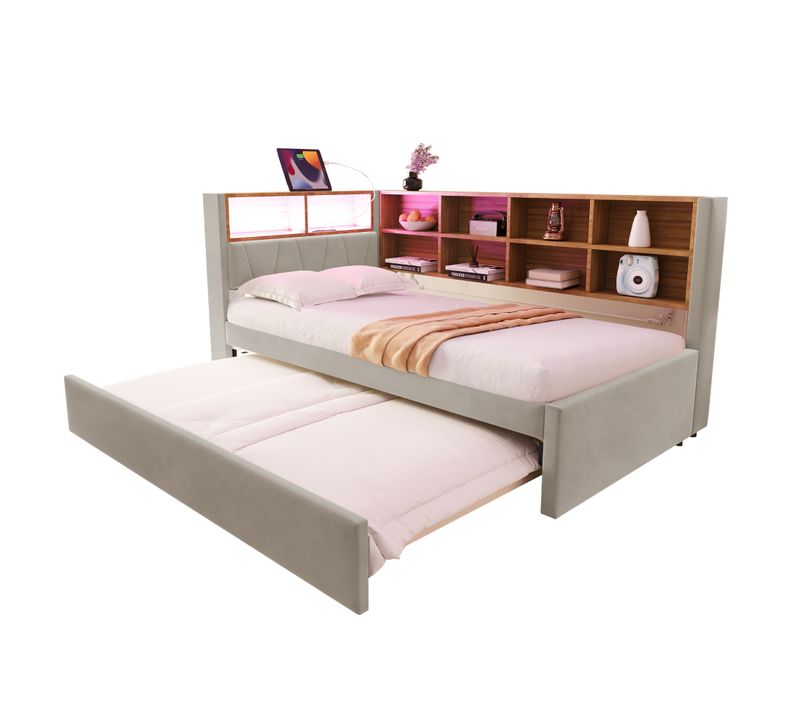 Lit Gigogne Moderne 90x190, Canapé-lit 90x200, LED, Prises Et Rangement, Flanelle Gris Clair