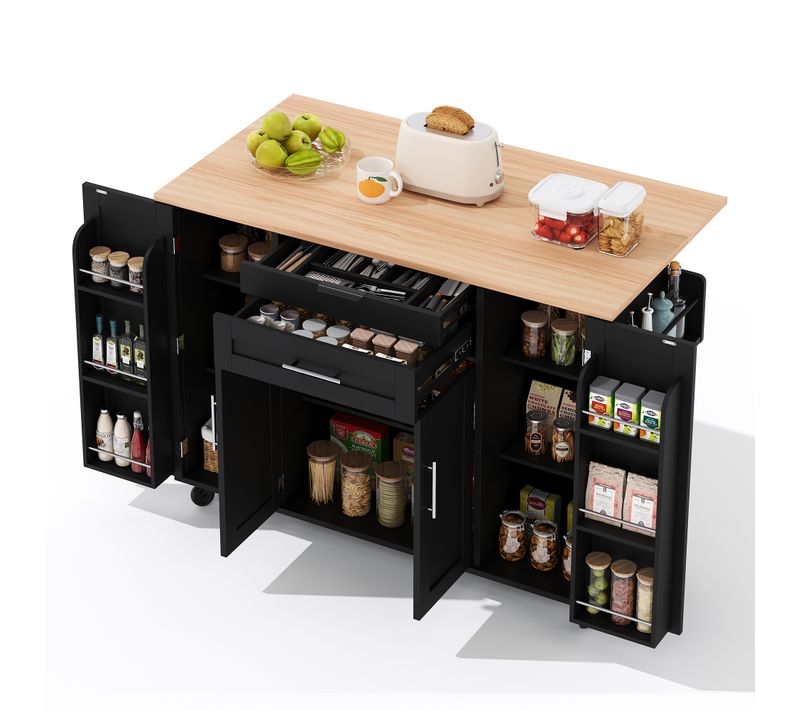 Îlot De Cuisine 136x70x92 Cm Avec Étagères Réglables, 2 Tiroirs, Étagère à Épices, Mdf Noir