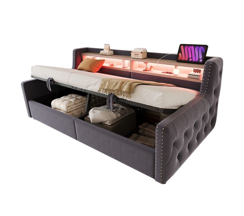 Lit Coffre 90x200 Cm Avec Rangement, LED, Prise Électrique Et Recharge USB-c, Velours Gris Foncé