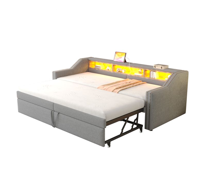 Lit Gigogne 90/180x200 Cm Avec Éclairage LED, Ports USB Et Rangement, Lin Gris