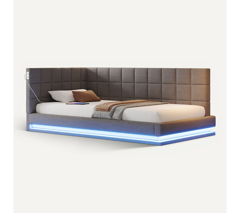 Canapé-lit Lit Simple 90x200 Cm Avec LED, USB, Cadre De Lit Et Tête De Lit, Lin Gris