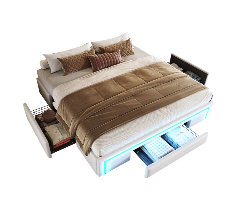 Lit Double 180x200 Cm, Avec Éclairage LED Réglable, 3 Tiroirs, Sans Tête De Lit, Pu Beige