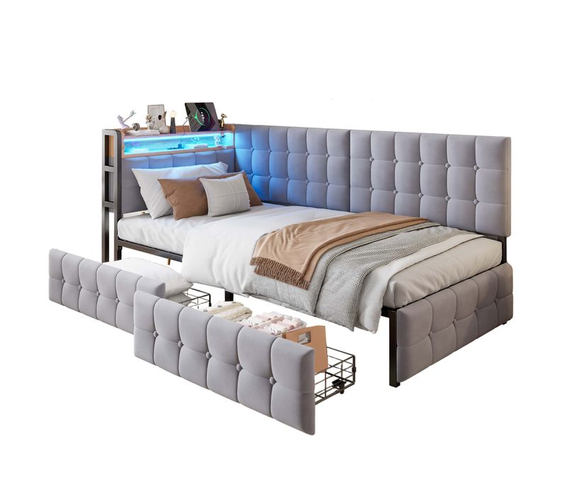 Canapé-lit Lit Simple 90x200 Cm, Avec 2 Tiroirs, LED, USB, Tête De Lit Avec Rangement, Velours Gris