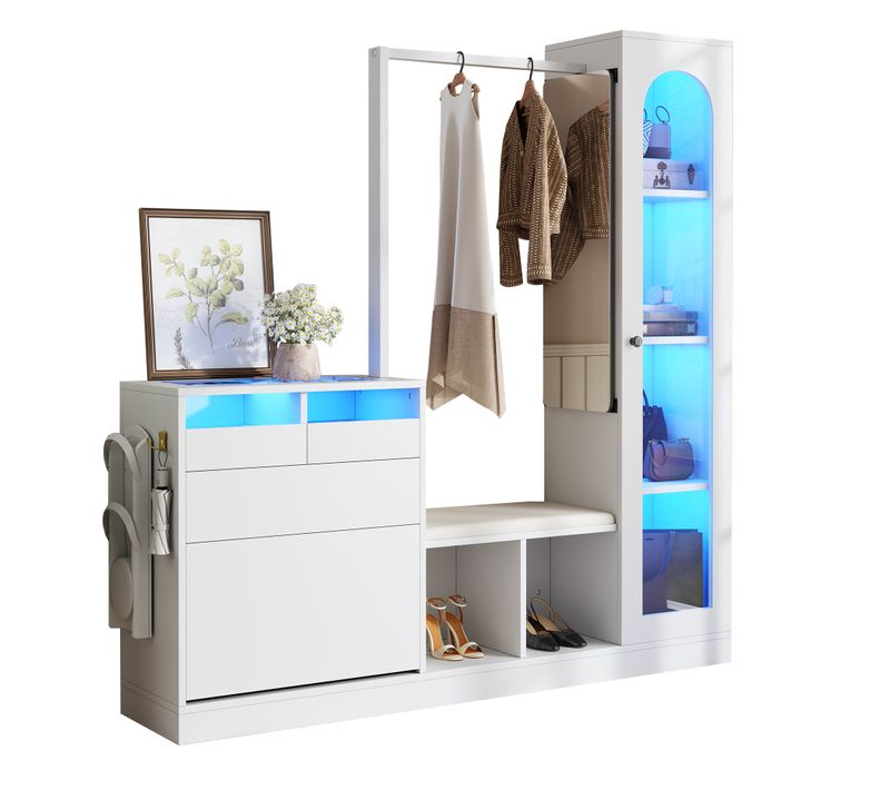 Combinaison D'armoire D'entrée 6 En 1, Vitrine, Banc à Chaussures Et Meuble à Chaussures, Blanc