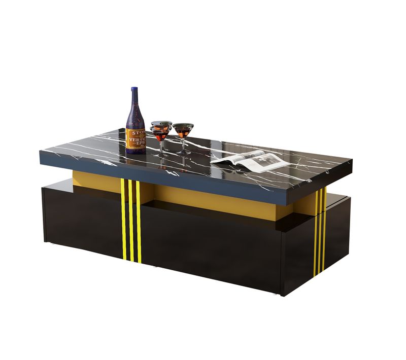 Table Basse 100×50×40 Cm, Table Rectangulaire Avec 2 Tiroirs, Motif De Marbre, Aggloméré, Noir
