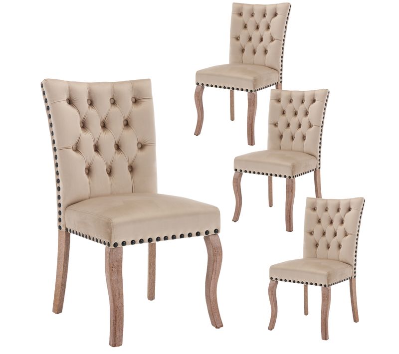 Lot De 4 Chaises 63x49x95cm, Pieds En Bois, Rivets Décoratifs, Élégance, Velours, Couleur Camel
