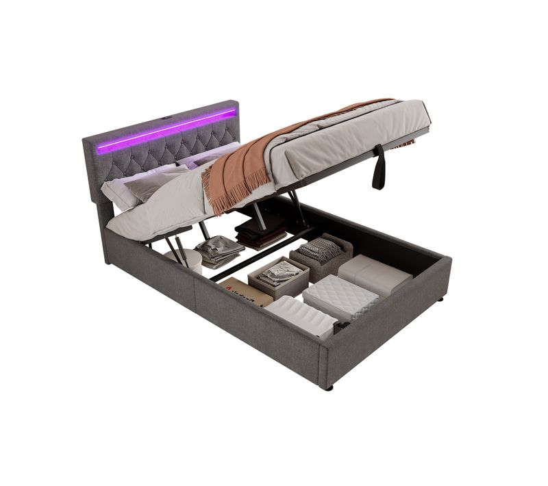 Lit Coffre Adulte 140x200 Cm, Lit Double Avec LED, USB Type-c, Tête De Lit, Sommier, Lin Gris