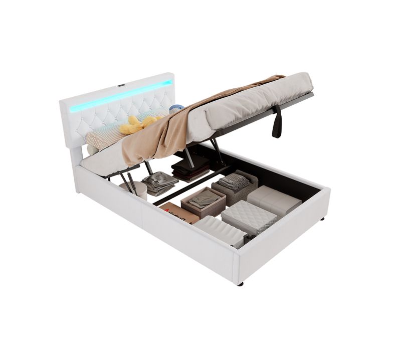 Lit Coffre Adulte 140x200 Cm, Lit Double Avec LED, USB Type-c, Tête De Lit, Sommier, Lin Blanc