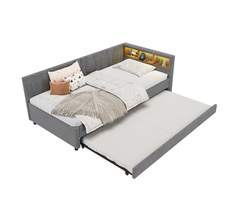 Lit Gigogne Enfant 90x200 Cm+90x190 Cm, Canapé-lit, LED, USB Type-c, Étagère, Sommiers, Lin Gris