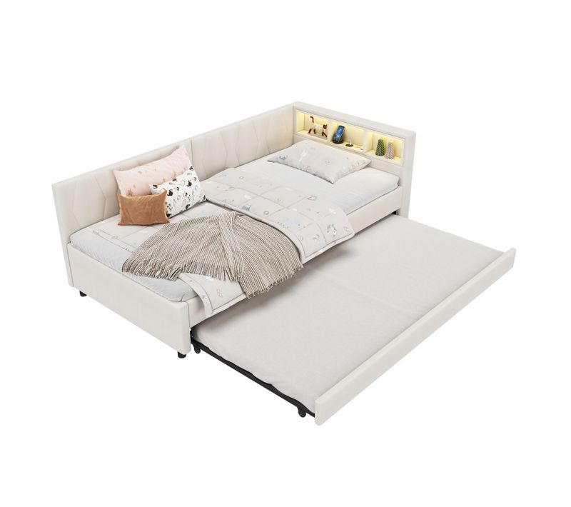Lit Gigogne Enfant 90x200 Cm+90x190 Cm, Canapé-lit, LED, USB Type-c, Étagère, Sommiers, Lin Beige