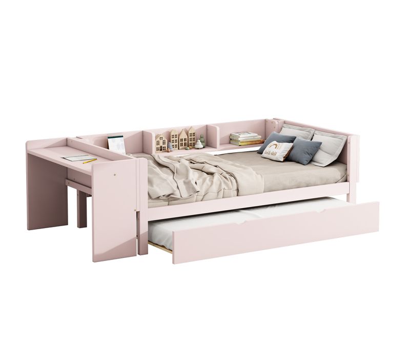 Lit Gigogne Enfant 90x200 Cm+90x180 Cm Avec Bureau, Étagères, Sommiers, Pin+mdf, Rose