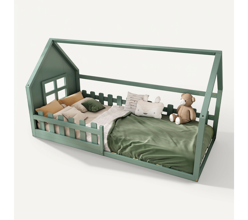 Lit Cabane Enfant 90x200 Cm, Lit Simple Avec Garde-corps, Sommier, Forme De Maison, Pin Vert