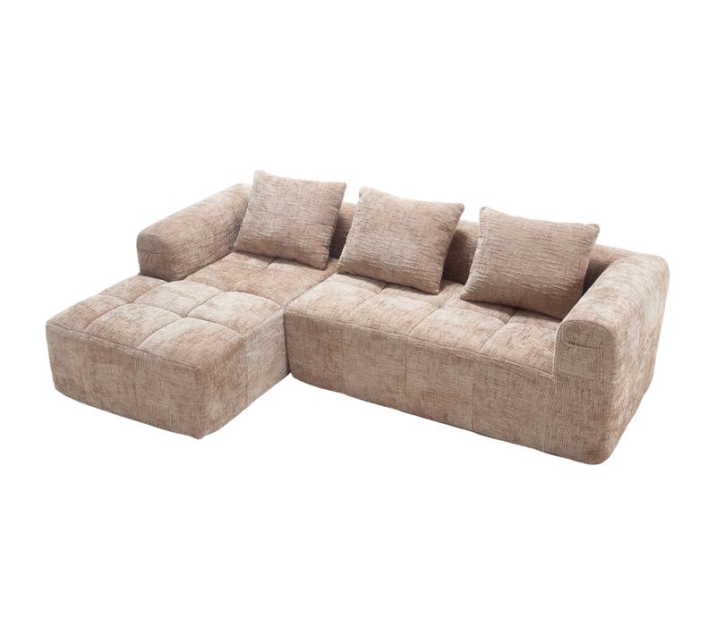 Canapé Trois Places En L 250x158x60 Cm Avec Trois Coussins, Poches Latérales, Chenille Kaki