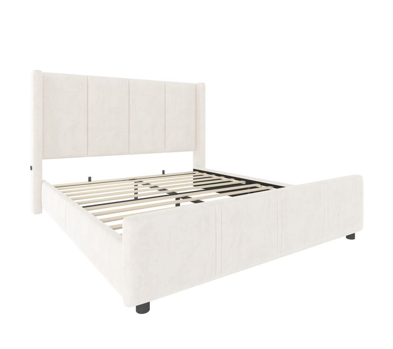 Lit Double 160 X 200cm Tête De Lit Haut, Avec Prise De Charge, Velours, Beige