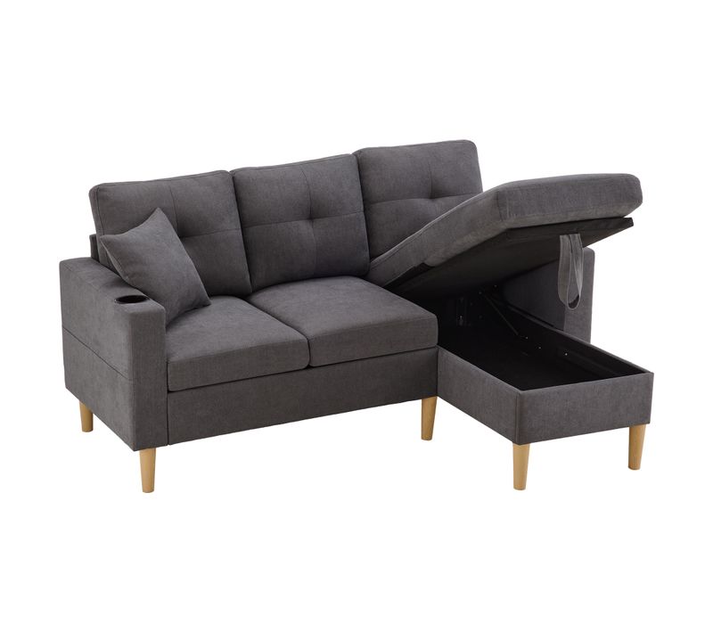 Canapé 3 Places Avec Coffre En Coton-lin Gris Foncé Avec 2 Coussins Et Rangement Et 2 Porte-gobelets