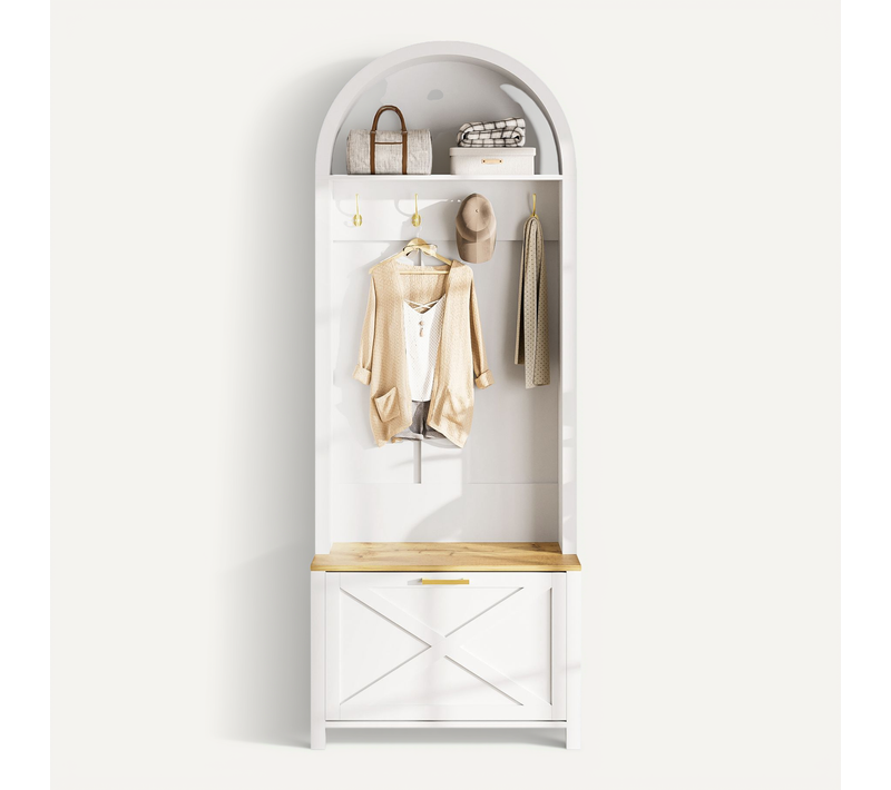 Vestiaire Blanc Et Bois, Meuble D'entrée Avec Porte, Étagère, Crochets Et Banc à Chaussures